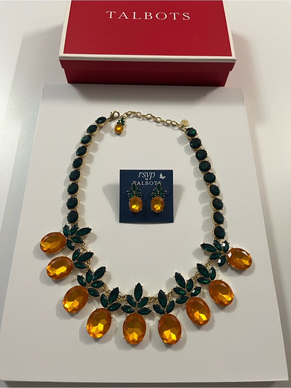 Talbots Gold-Tone Pineapple Earrings with Orange and Green Stones